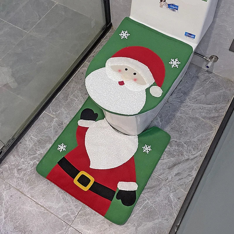 Christmas Toilet Seat Cover & Rug Set – Santa, Snowman & Gnome Bathroom Decor