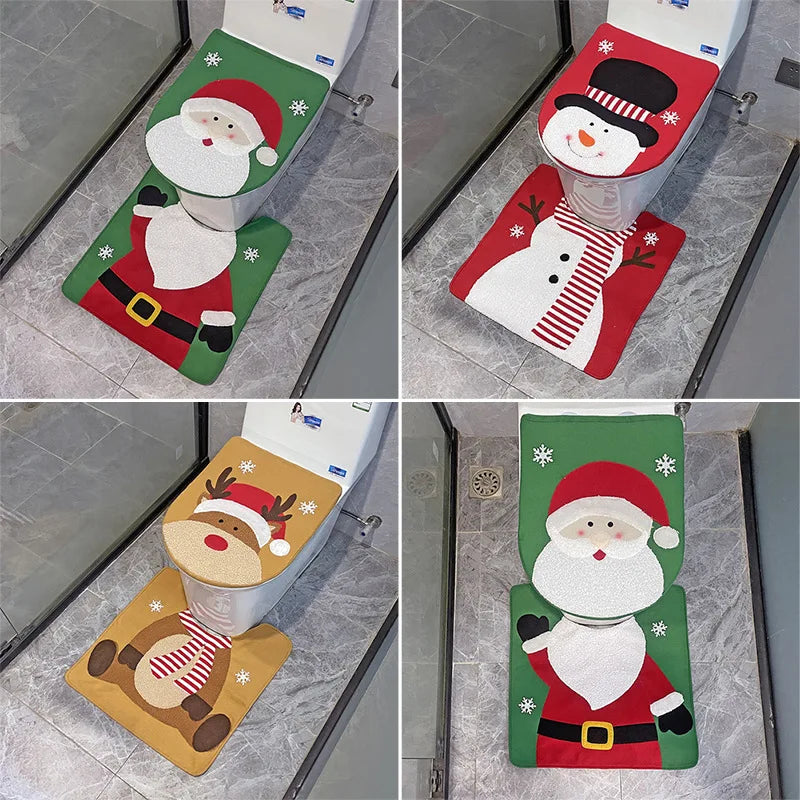 Christmas Toilet Seat Cover & Rug Set – Santa, Snowman & Gnome Bathroom Decor