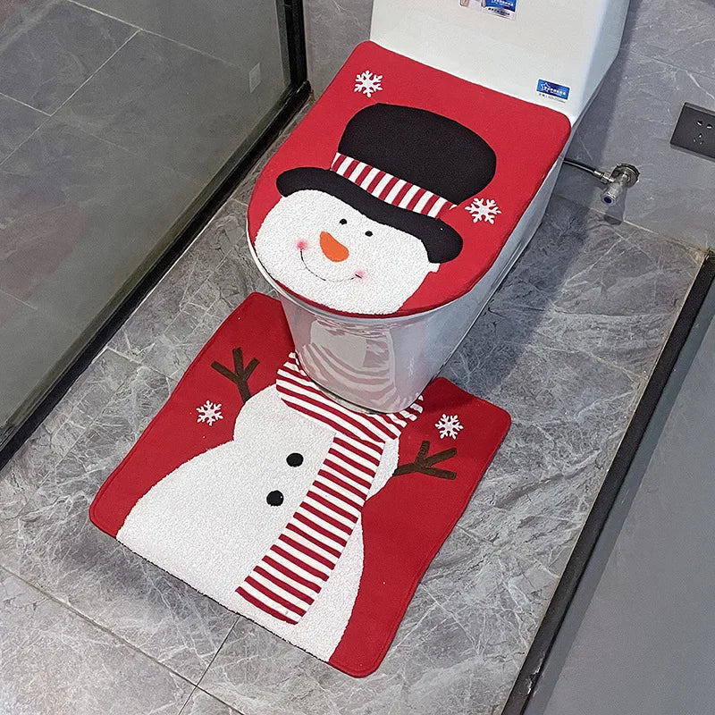 Christmas Toilet Seat Cover & Rug Set – Santa, Snowman & Gnome Bathroom Decor