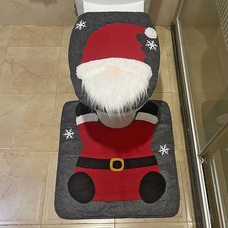 Christmas Toilet Seat Cover & Rug Set – Santa, Snowman & Gnome Bathroom Decor