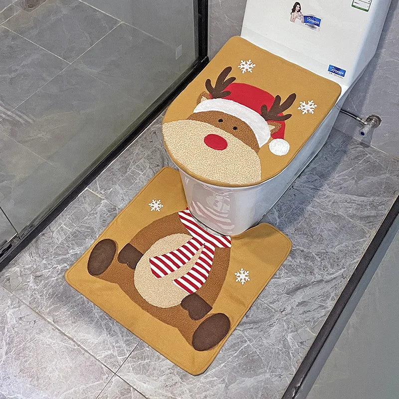 Christmas Toilet Seat Cover & Rug Set – Santa, Snowman & Gnome Bathroom Decor