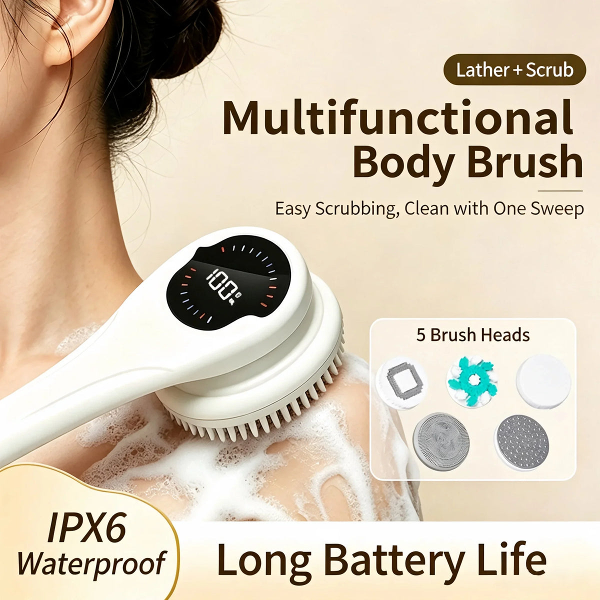 Electric Spin Body Brush – Waterproof Shower Scrubber with 5 Heads