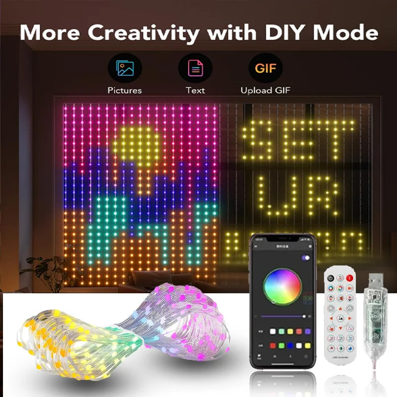 RGB Music Sync Curtain Lights – Scrolling Text LED Fairy Lights