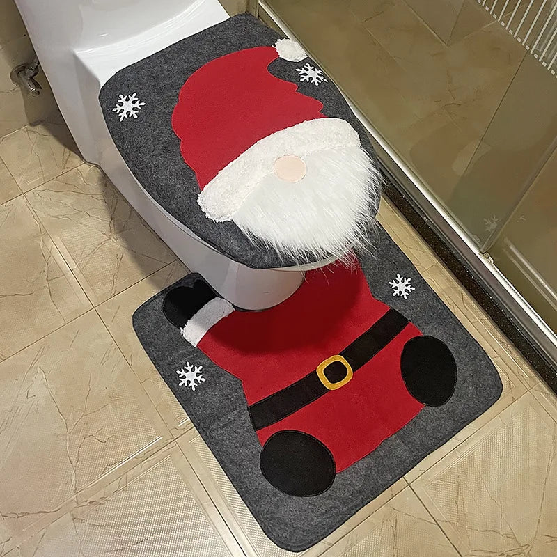 Christmas Toilet Seat Cover & Rug Set – Santa, Snowman & Gnome Bathroom Decor